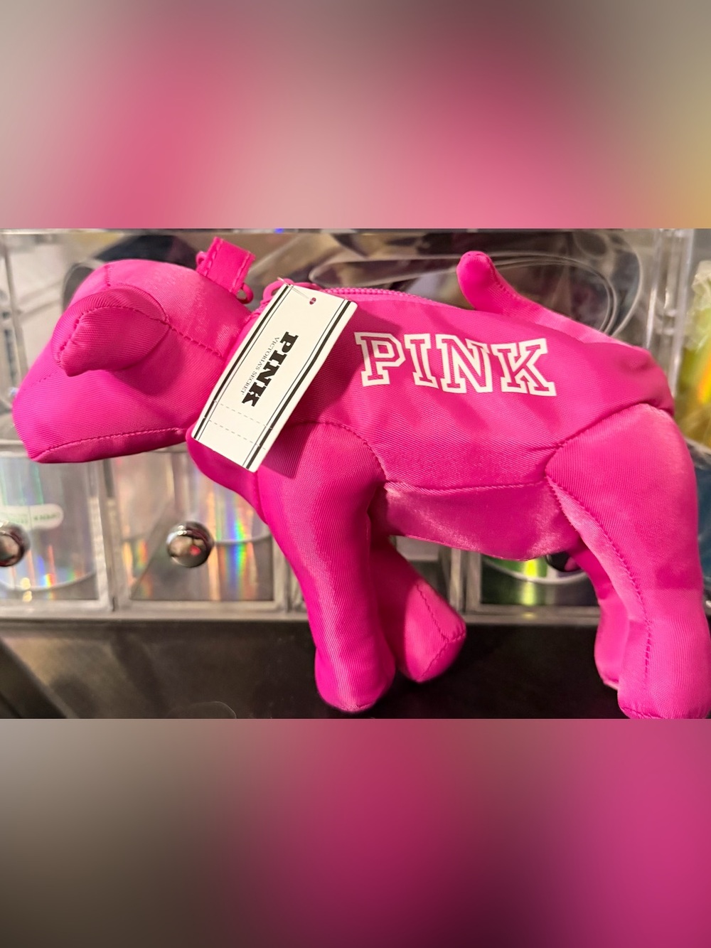 PINK Victoria's Secret Branded Hot Pink Plush Dog bagcharm with reusable bag NWT
